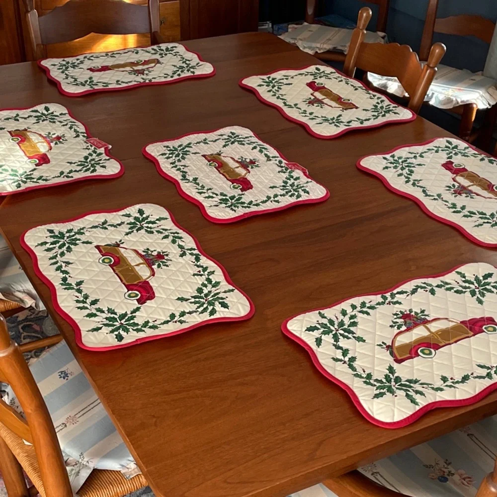 LENOX Holiday Antique Car and Holly Quilted Placemats Red and Green Qty (7)